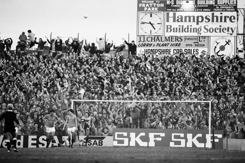 Fans in the terraces watching a Portsmouth v Southampton match at Fratton Park, Portsmouth, UK, 30th January 1984. (Photo by Reg Lancaster/Daily Express/Hulton Archive/Getty Images)