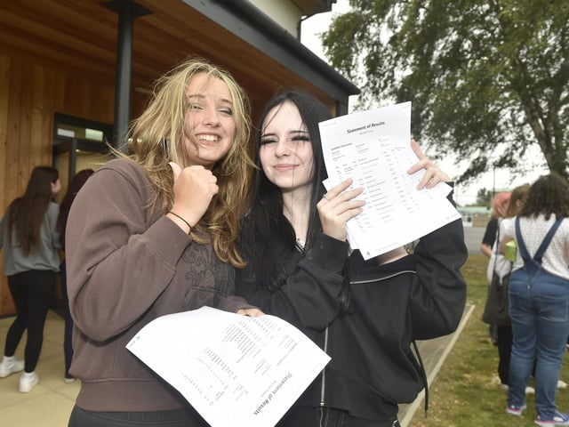Pupils from King's Academy Brune Park in Gosport, picked up their GCSE results on Thursday, August 22, 2024.
Pictured is: (l-r) Ella Bracher (16) and Grace Mitchell (16).
Picture: Sarah Standing (220824-9278)