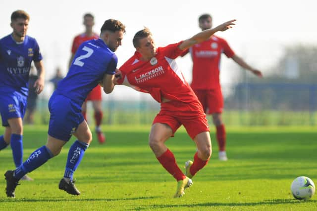 Horndean (red) and Baffins Milton Rovers lock horns in a PO postcode FA Cup derby this weekend. Picture by Martyn White.