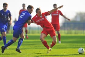 Horndean (red) and Baffins Milton Rovers lock horns in a PO postcode FA Cup derby this weekend. Picture by Martyn White.