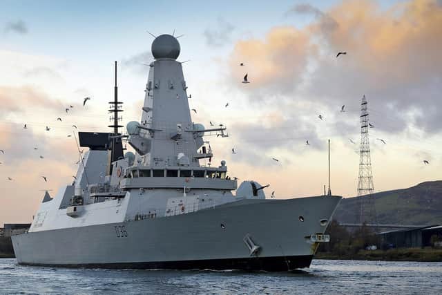 HMS Defender pictured before it deployed on the carrier strike mission in May.