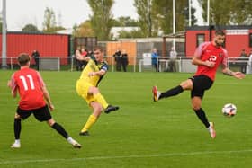 Moneyfields defender Jack Lee scored at both ends and also conceded a penalty against former club Horndean. Picture: Keith Woodland