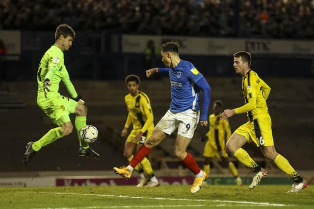 Burton goalkeeper Ben Garratt thwarts Tyler Walker from close range in the second half on Tuesday night's 2-1 Pompey win. Picture: Robin Jones