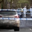OMAGH, NORTHERN IRELAND - FEBRUARY 23: Police and forensics are seen at the scene of last nights shooting of a high profile PSNI officer at the Youth Sports Centre on February 22, 2023 in Omagh, Northern Ireland. (Photo by Charles McQuillan/Getty Images)