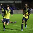 Ryan Pennery has just scored one of his three goals in Moneyfields' 8-1 hammering of Fareham. Picture by Nathan Lipsham
