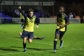 Ryan Pennery has just scored one of his three goals in Moneyfields' 8-1 hammering of Fareham. Picture by Nathan Lipsham