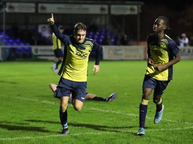 Ryan Pennery has just scored one of his three goals in Moneyfields' 8-1 hammering of Fareham. Picture by Nathan Lipsham