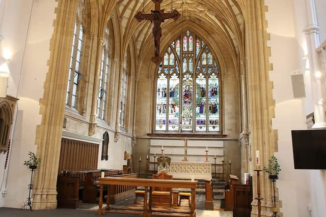 The refurbished chancel at the east end of All Saints Church, Buckland