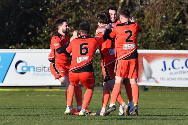 AFC Portchester come together to celebrate one of Marley Ridge's efforts Picture: Keith Woodland (260221-955)