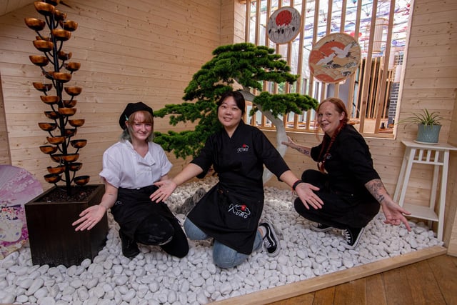Pictured: Staff of Kumo, Manager Mao Mao with waitresses, Daisy Chapman and Natasha Hirst on Wednesday 12th July 2023.

Picture: Habibur Rahman