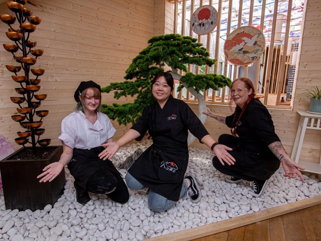 Pictured: Staff of Kumo, Manager Mao Mao with waitresses, Daisy Chapman and Natasha Hirst on Wednesday 12th July 2023.

Picture: Habibur Rahman