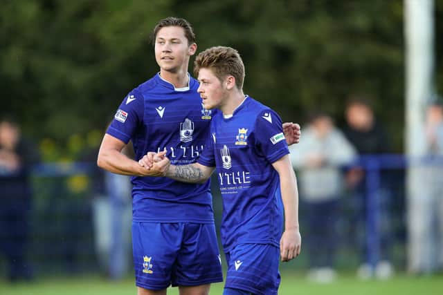 Callum Dart, right, and Tommy Scutt after a Pompey XI own goal. Picture: Chris Moorhouse