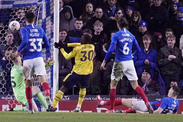 Eddie Nketiah scores Arsenal's second goal against Pompey in the FA Cup.  Picture: Barry Zee,