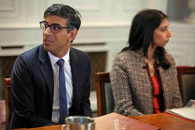 Prime Minister Rishi Sunak and Home Secretary Suella Braverman as the Prime Minister has been urged to "show some backbone" and order an investigation into claims Suella Braverman asked civil servants to help her secure a special arrangement after being caught speeding. Picture: Phil Noble/PA Wire.