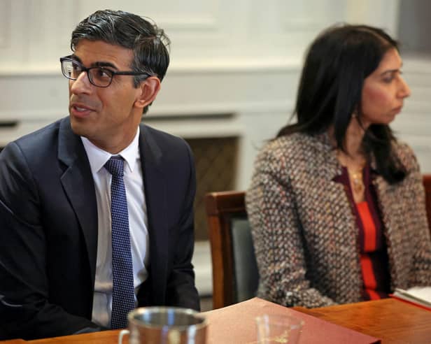 Prime Minister Rishi Sunak and Home Secretary Suella Braverman as the Prime Minister has been urged to "show some backbone" and order an investigation into claims Suella Braverman asked civil servants to help her secure a special arrangement after being caught speeding. Picture: Phil Noble/PA Wire.