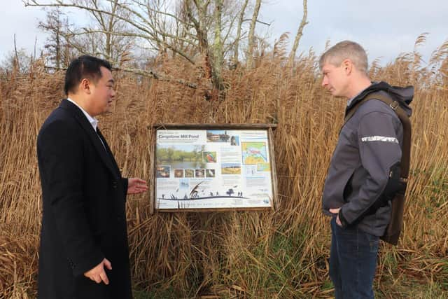 Alan Mak MP with Graham Horton from Natural England at Langstone Mill Pond