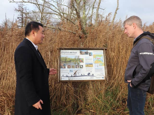Alan Mak MP with Graham Horton from Natural England at Langstone Mill Pond
