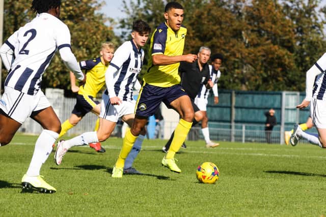 Christian Oxlade-Chamberlain on the ball during Gosport's 4-0 home win over Farnborough. Picture: Tom Phillips.