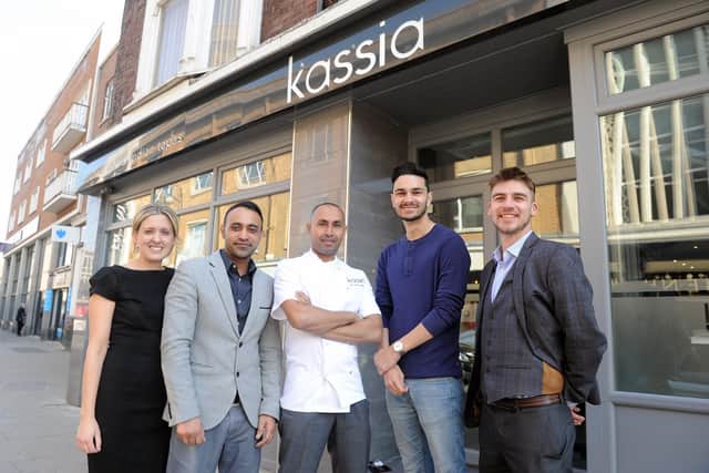 Kaz Miah (middle), owner and head chef of Kassia Kitchen, in Osborne Road, with his team Steph Thomas, Rujal Miah, George Purnell and Kieran Crawford. 

Picture: Sarah Standing (170506-129)