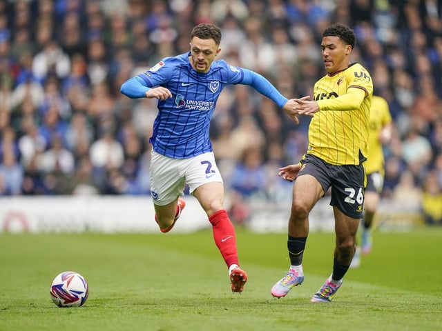 Jordan Williams takes on Watford's Caleb Wiley at Fratton Park. Picture: Jason Brown/ProSportsImages