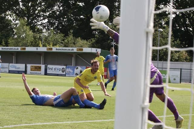 New signing Joe Iaciofanco nets on his debut in Hawks' 3-1 friendly win at AFC Totton. Pic: Kieron Louloudis.