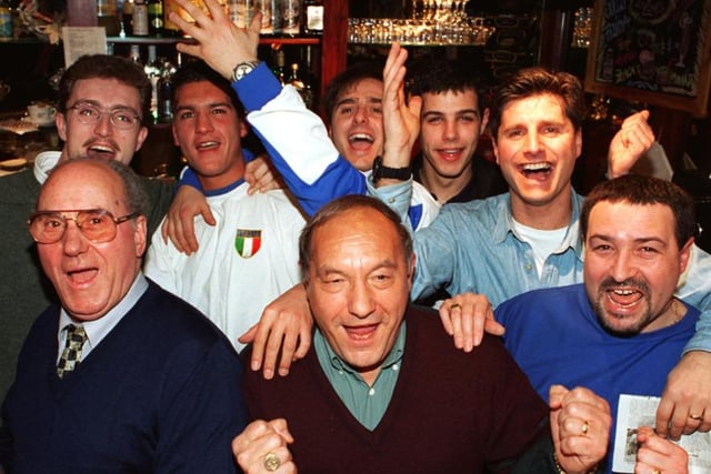 Some of the Sheffield Italian community cheering Italy on during their World Cup tie with England at Wembley Stadium in Nonnas Cafe on Ecclesall Road 1997