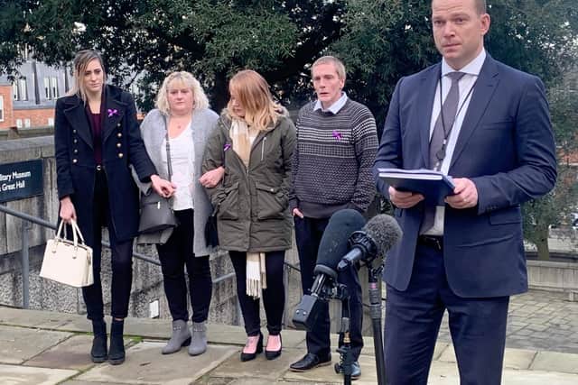 The family of Louise Smith outside Winchester Crown Court on Tuesday, December, 8, after Shane Mays was found guilty of murder.

Pictured is: (right) DI Adam Edwards with Bradley Smith, Louise Smith's dad behind.

Picture: Ben Fishwick
