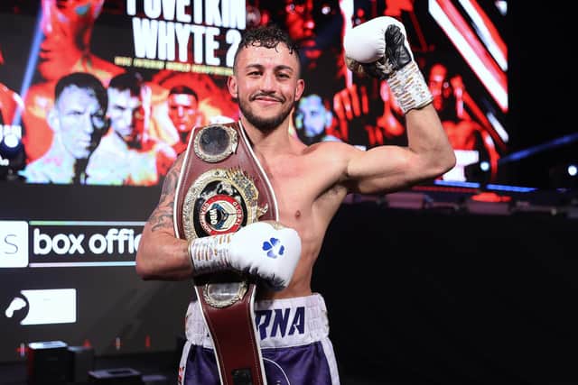 Mikey McKinson with his WBO Global welterweight title. Picture: Mark Robinson Matchroom Boxing