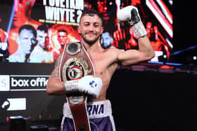 Mikey McKinson with his WBO Global welterweight title. Picture: Mark Robinson Matchroom Boxing