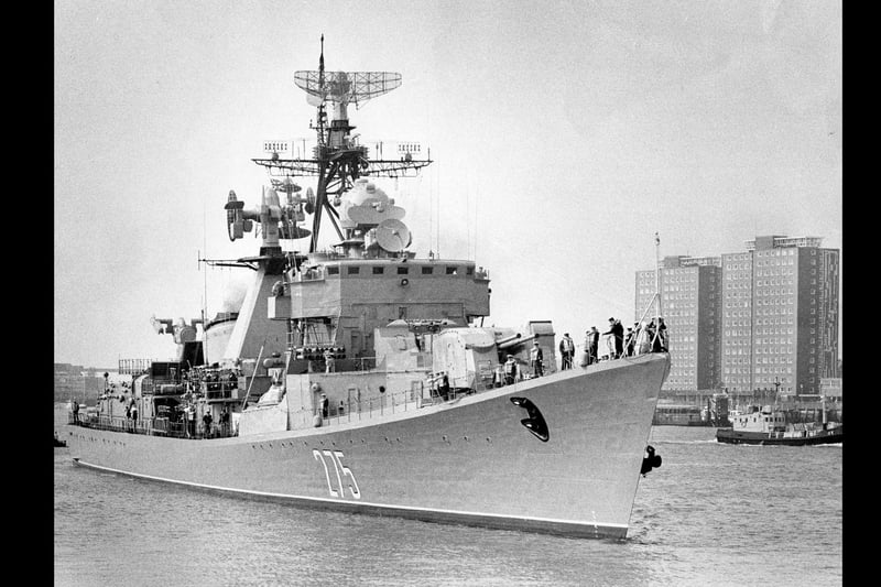 Polish Naval Destroyer Warszawa arriving at Portsmouth Naval Dockyard in 1975. The News PP1970