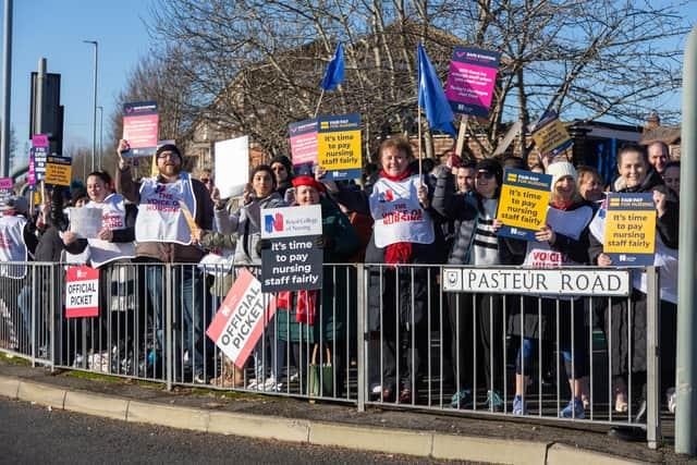 Nurses striking on Wednesday lunchtime outside Queen Alexandra Hospital, Portmsouth.

Photos by Alex Shute