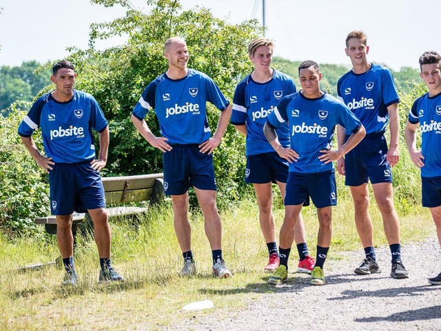 Danny Hollands, Gary Roberts, Johnny Ertl, Snorre Nilsen, Kyle Bennett, Paul Robinson, Conor Chaplin and manager Paul Cook at Pompey pre-season training in Portchester in June 2015. Picture: Colin Farmery