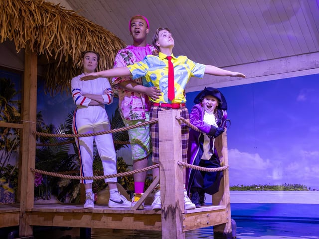 Pictured - Casper Horn, 16 (SpongeBob Squarepants), Stanley Pearl (Patrick), Ella Burgos, 17 (Sandy)  and Jemima Rees, 14 (Patchy the Pirate) recreating a Titanic movie moment at Blue ReefPhotos by Alex Shute