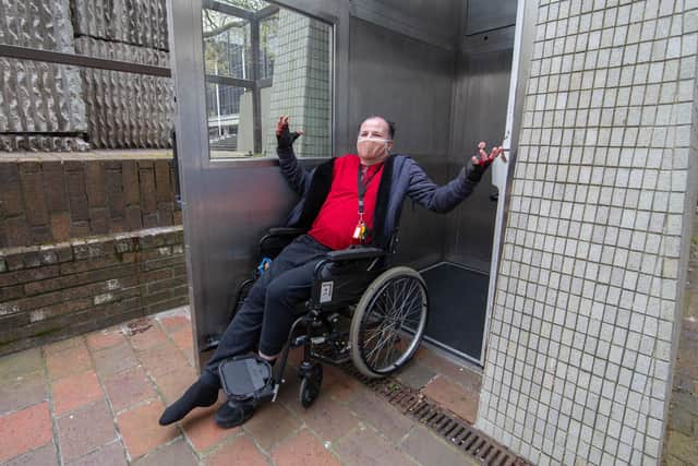 Steven Kingett in the Guildhall Square lift, Portsmouth on 28 April 2021
Picture: Habibur Rahman