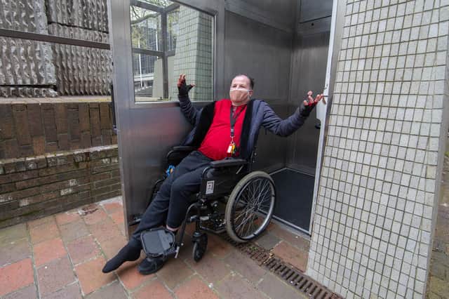 Steven Kingett in the Guildhall Square lift, Portsmouth on 28 April 2021
Picture: Habibur Rahman