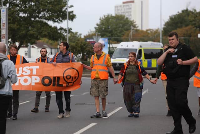 Just Stop Oil protesters marching in Portsmouth.