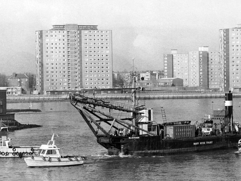 The Sleipner being escorted out of Portsmouth Harbour on March 5, 1982. The News PP4164