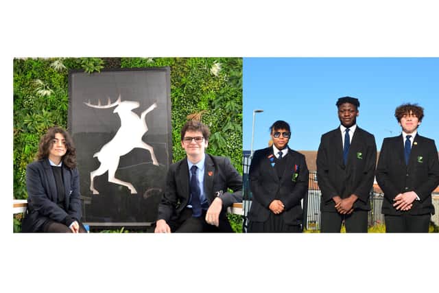 Romina Abbasi, left, with Daniel Roper, both Year 11 at Priory School in Southsea (left) and A'layah Parris, Ariel Lusala and Jake Hunter, all Year 11 at Park Community School in Havant (right). Picture: David George