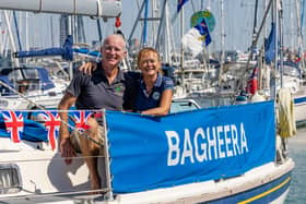 Sally Titmus, 56, and Paul Thompson, 57, aboard the Bagheera in Gosport marina after four years away. Picture: Mike Cooter (130822)