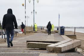 Concrete slabs displaced at Eastney Esplanade in Southsea