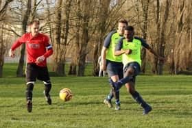 Nigel Mayo scores Harvest Home's second goal in a victory over Wymering. Picture: Kevin Shipp