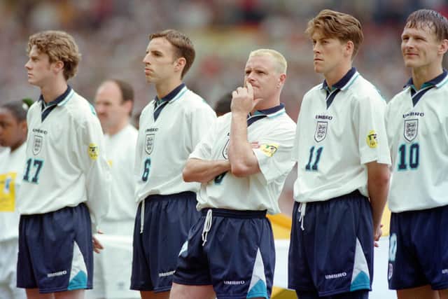 The time football was coming home (from left) - Steve McManaman, Gareth Southgate, Gascoigne, Darren Anderton and Teddy Sherringham before England's opening Euro 96 game against Switzerland. Photo by Shaun Botterill/Allsport/Getty Images.