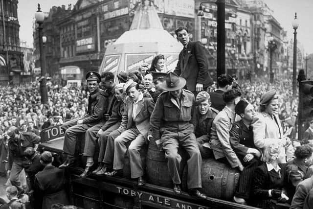A van load of beer passing through Piccadilly Circus on VE Day (Photo: Keystone/Getty Images)