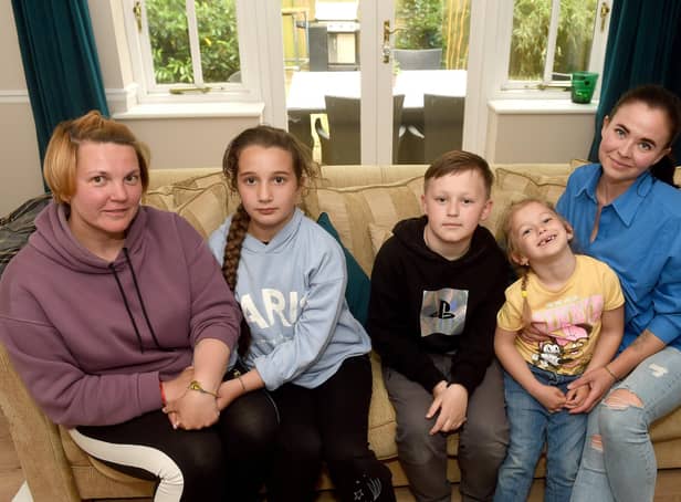 Ukranian refugees who are staying with a family in Sarisbury Green,Pictured is: (left) Olha Sukhovii with her daughter (second left) Yevheniia Hlotova (9) and (right) Yuliia Beresneva with her children Danylo (10) and Anna (5).Picture: Sarah Standing (200522-7860)