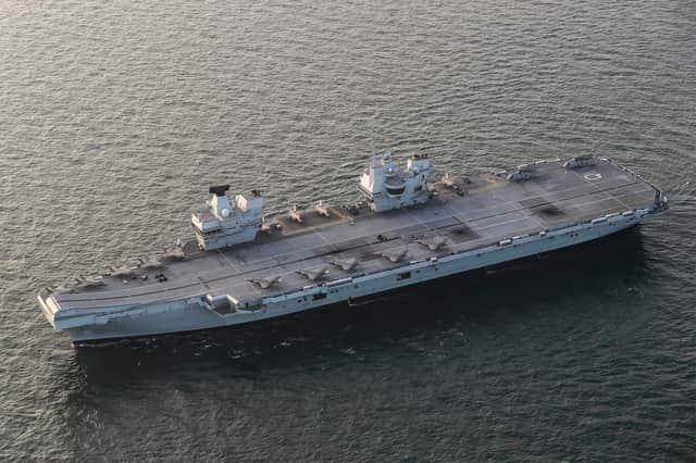 HMS Queen Elizabeth has embarked two squadrons of F-35B stealth jets: the UK’s 617 Sqn and US Marine Corps fighter attack squadron 211 during an exercise last year. Photo: Royal Navy