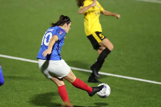 Dani Lane fires home for Pompey Women. Picture: Dave Haines and Lily Moore