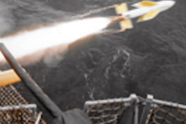 The starboard forward Seacat being launched from  HMS Fearless. Picture: Mike Mcbride collection