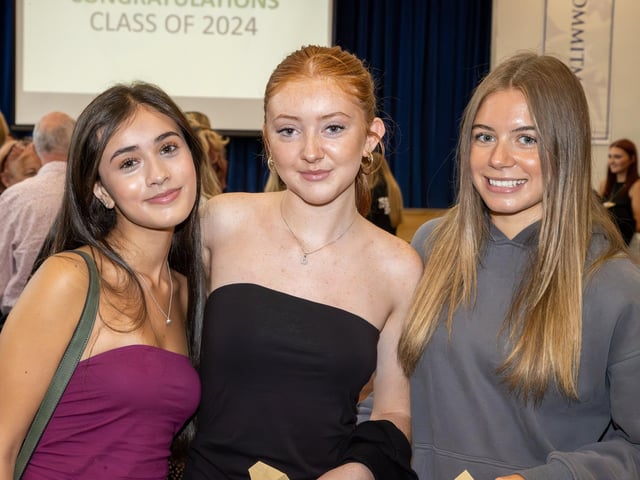 Students were welcomed to Crookhorn College to collect their GCSE results.Pictured - Jamelia, Daisy and ChloePhotos by Alex Shute
