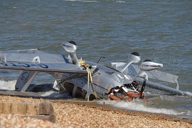 The plane after it had crashed into the sea. was brought to shore. Picture: Simon Czapp/Solent News & Photo Agency