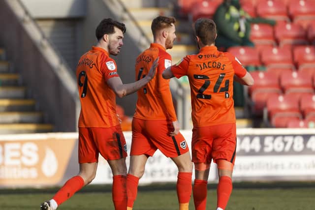 John Marquis of Portsmouth celebrates after scoring their first goal to make the score 0-1 during the Sky Bet League One match between Fleetwood Town and Portsmouth at Highbury Stadium on January 16th 2021 in Fleetwood, England. (Photo by Daniel Chesterton/phcimages.com)